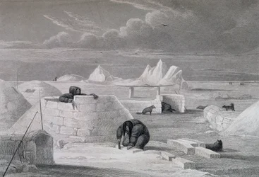 Esquimaux rakentaa lumimajaa, teoksesta "Journal of a Second Voyage for the Discovery of Luoteisväylä Atlantilta Tyynellemerelle, joka esitettiin vuosina 1821-22-23", kirjoittanut William Edward Parry (1